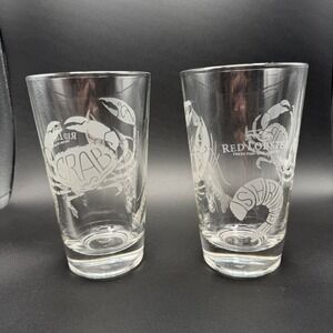 Red Lobster Etched Seafood Pint Glasses Set of 2 Lobster Crab Shrimp Clear Glass